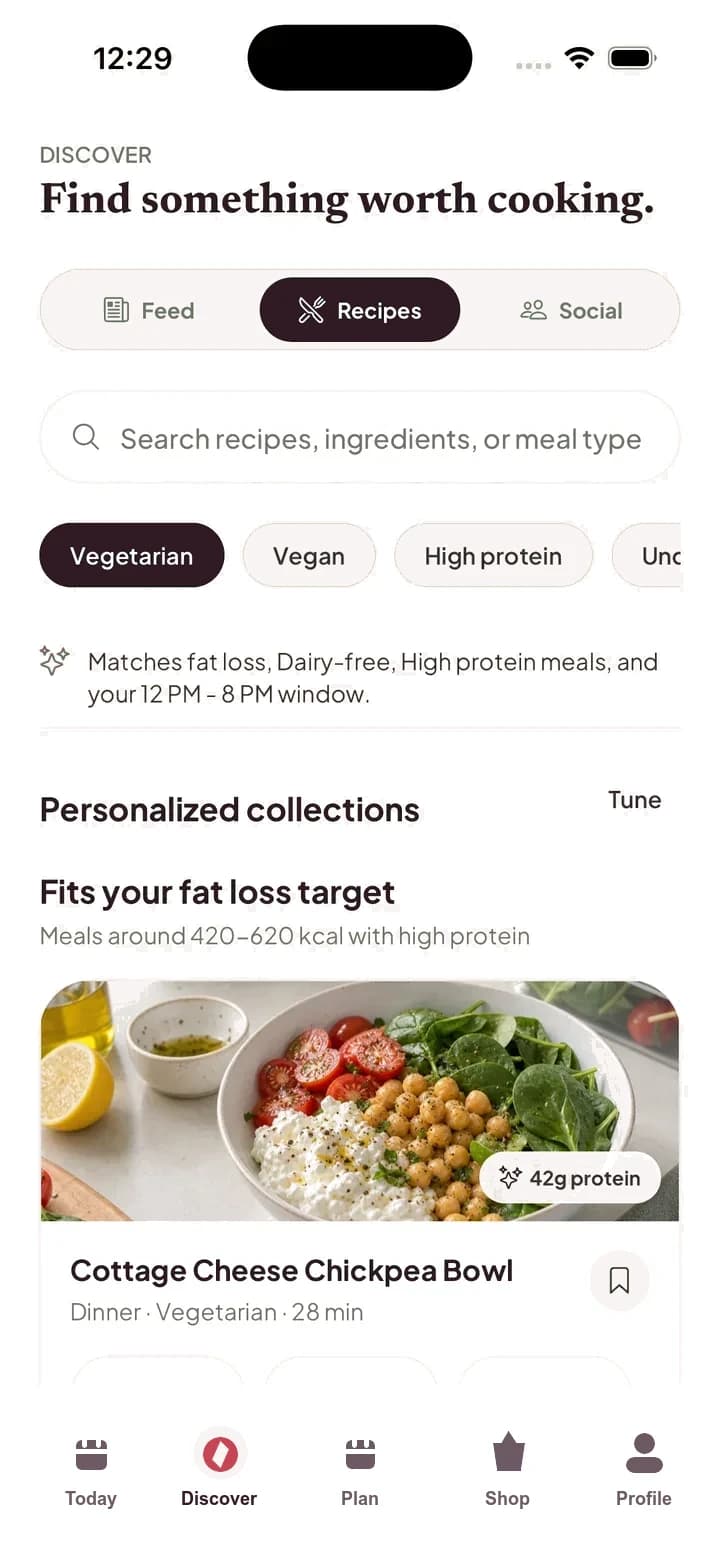 Raso recipe discovery screen