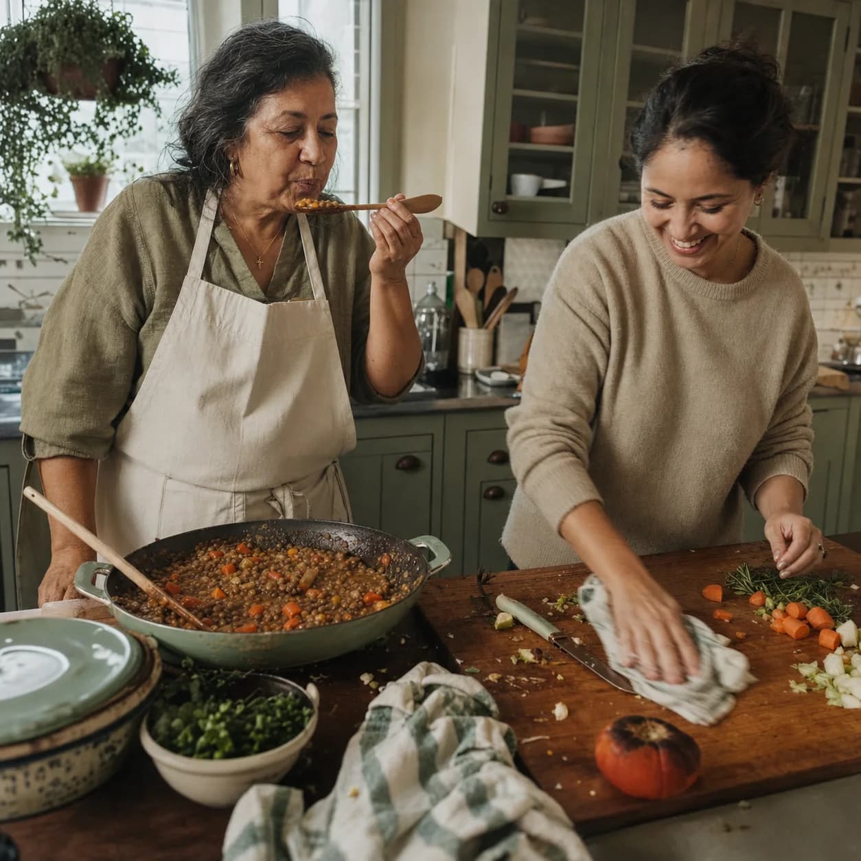 People preparing vegetables and dinner ingredients together in a kitchen