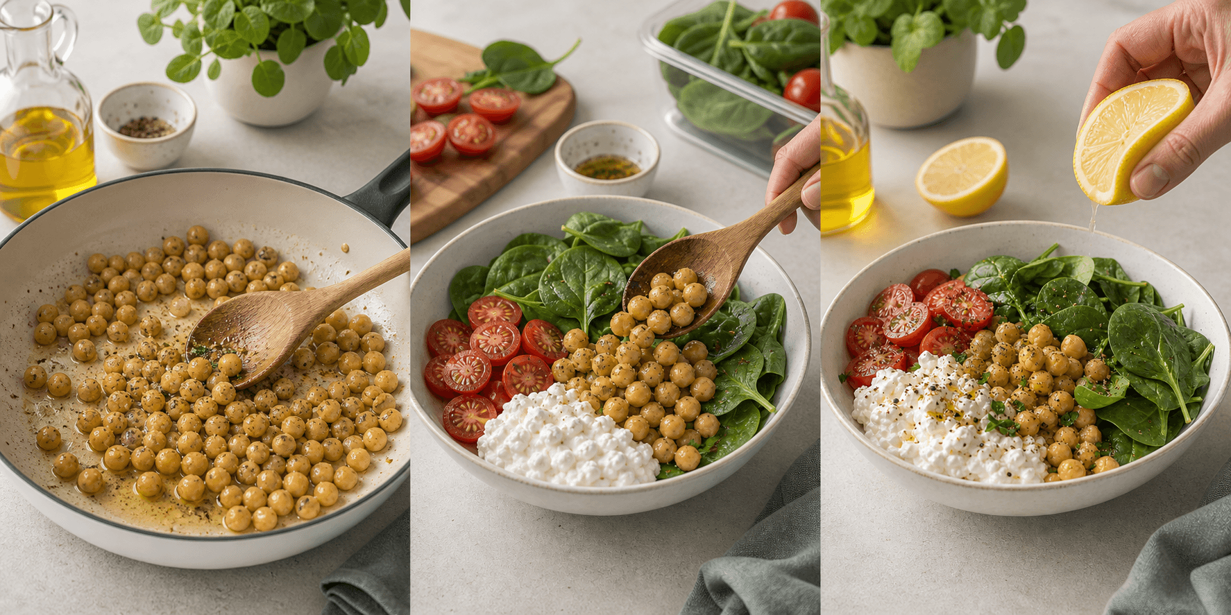 Three stages for warming chickpeas, assembling the cottage cheese bowl, and finishing it with lemon