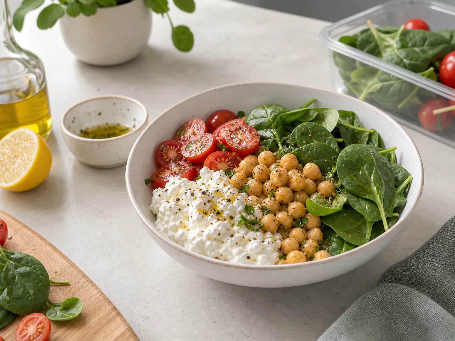 Cottage cheese, chickpeas, tomatoes, and greens arranged in a bowl