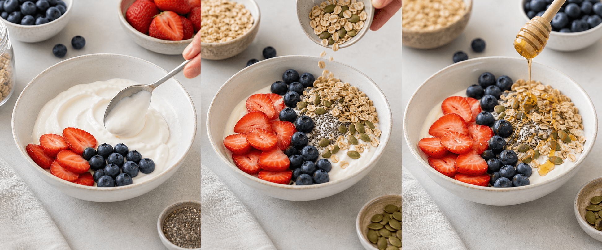 Three stages for adding berries to Greek yogurt, adding oats and seeds, and finishing with honey