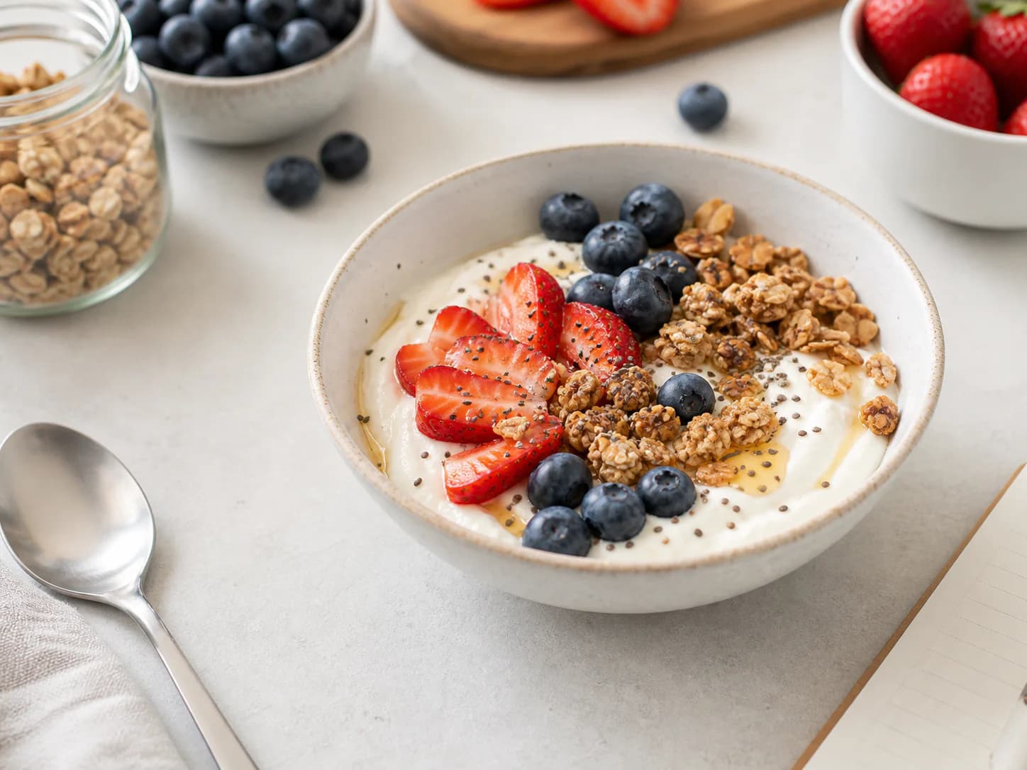 Greek yogurt topped with mixed berries, oats, and seeds in a breakfast bowl