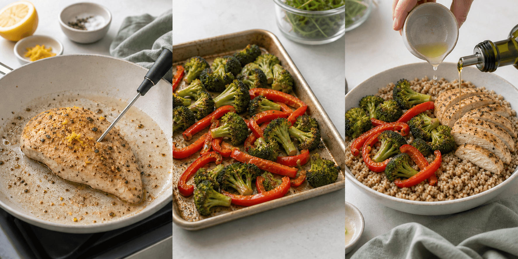 Three stages for cooking lemon chicken, roasting broccoli and pepper, and assembling the grain bowl