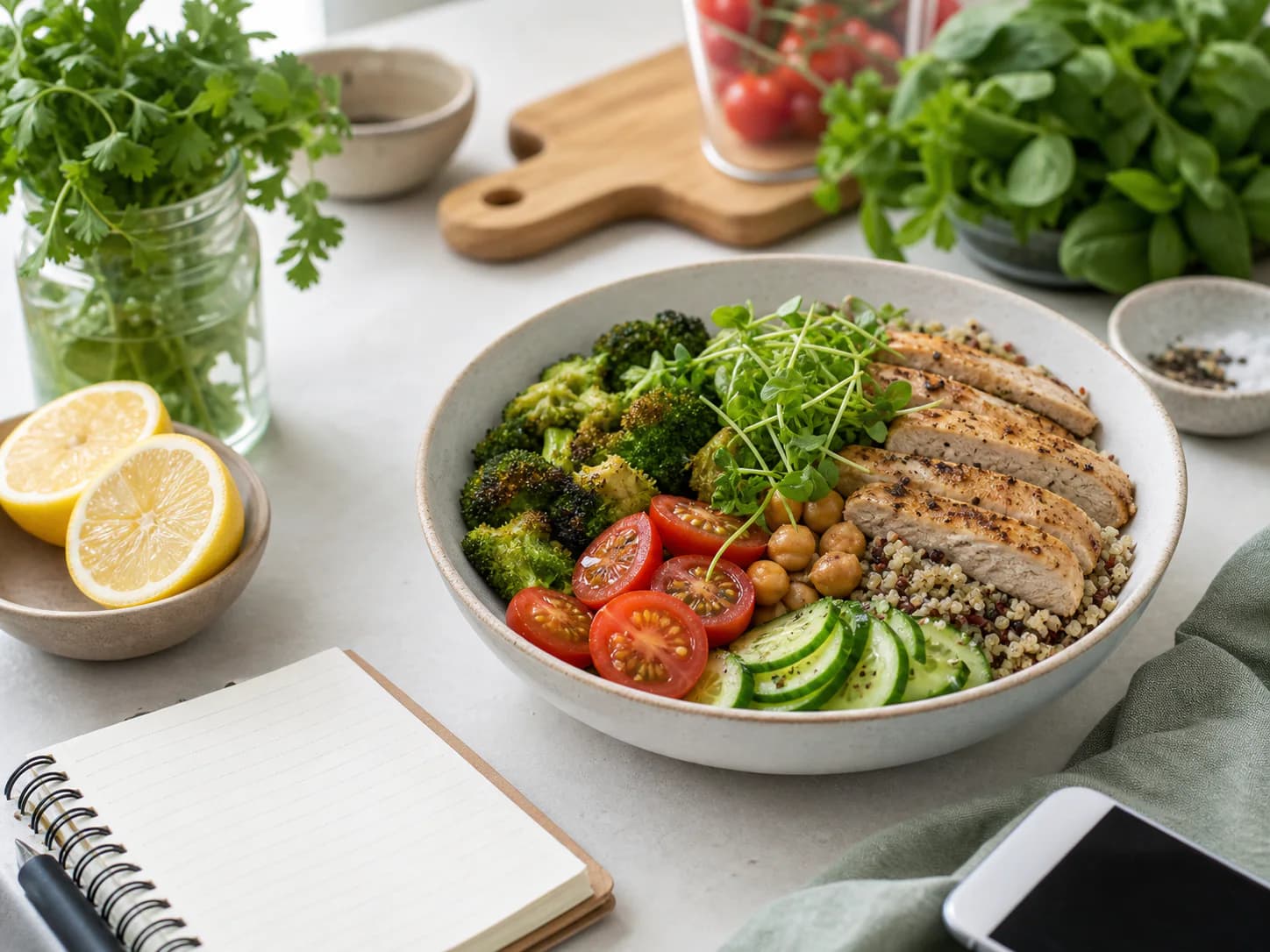Lemon chicken, roasted vegetables, and grains served together in a bowl