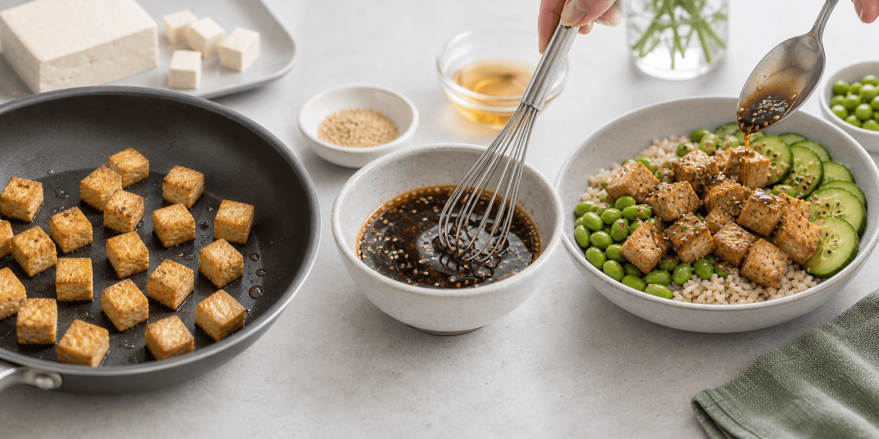Three stages for crisping tofu, whisking sesame dressing, and assembling the tofu rice bowl