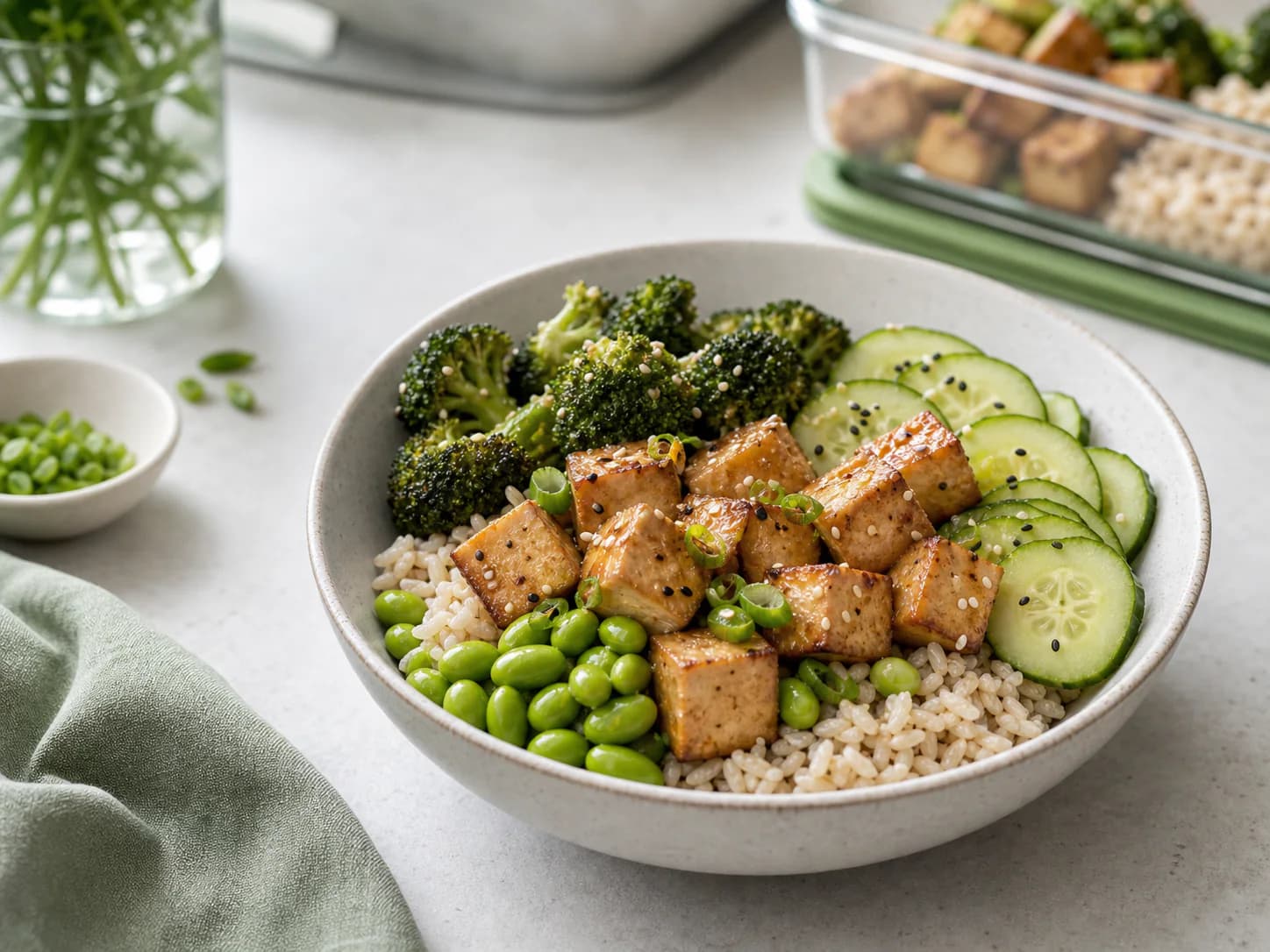 Sesame tofu, edamame, cucumber, and brown rice arranged in a bowl