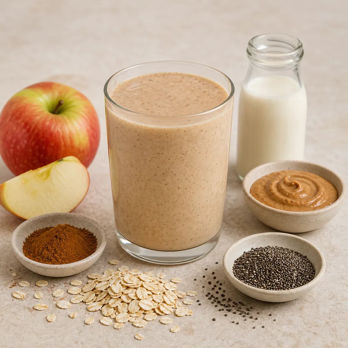 Apple cinnamon oat smoothie in a clear glass with apple, oats, chia, and cinnamon nearby
