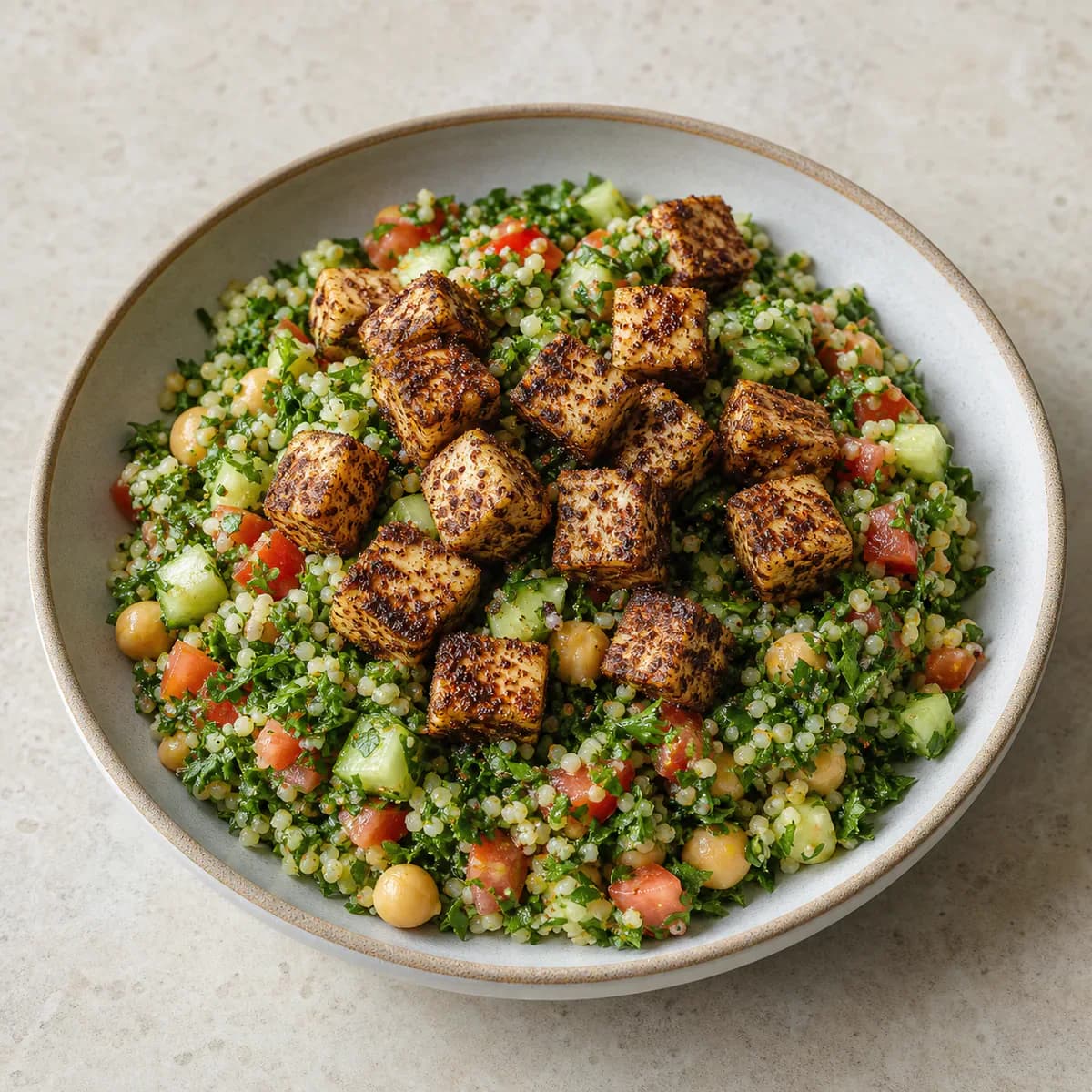 Crispy sumac tofu tabbouleh bowl with parsley, tomato, and cucumber