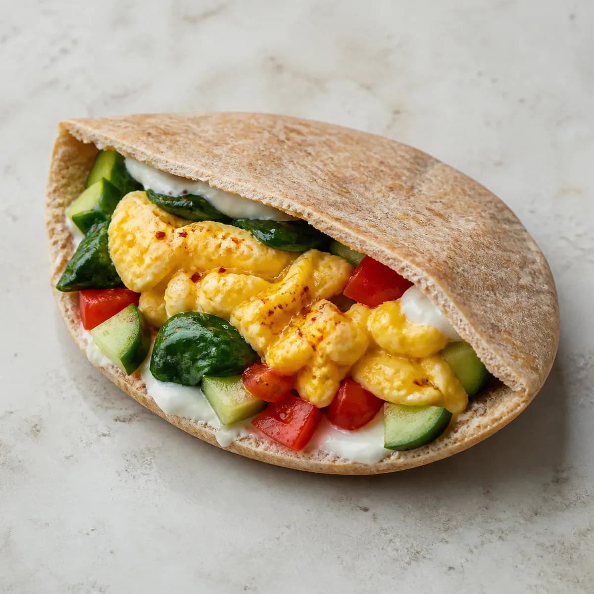 Aleppo pepper egg breakfast pita with spinach and tomato