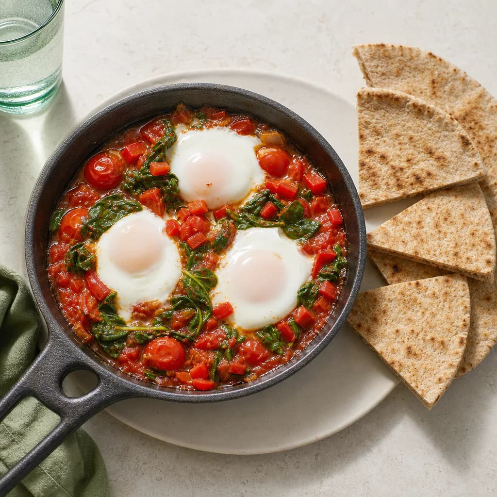 Three eggs set in a cherry-tomato, red-pepper, and spinach skillet with toasted whole-wheat pita wedges
