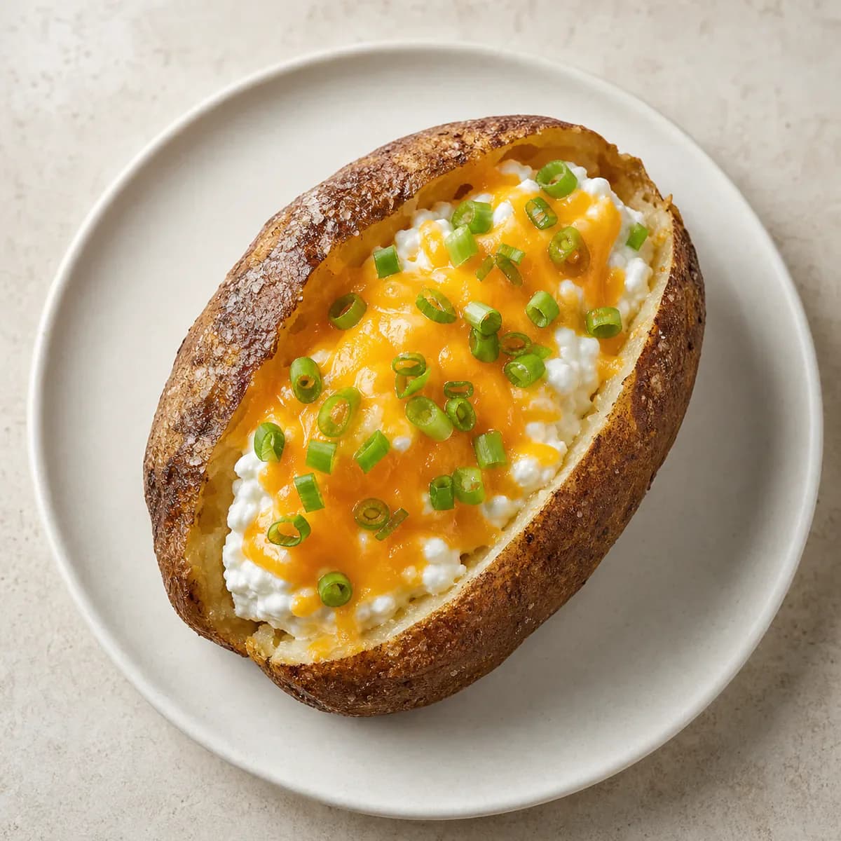 Crisp-skinned loaded potato with cottage cheese served as one complete portion