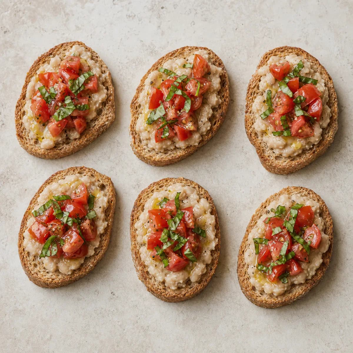 Six tomato basil crostini bites with creamy white beans