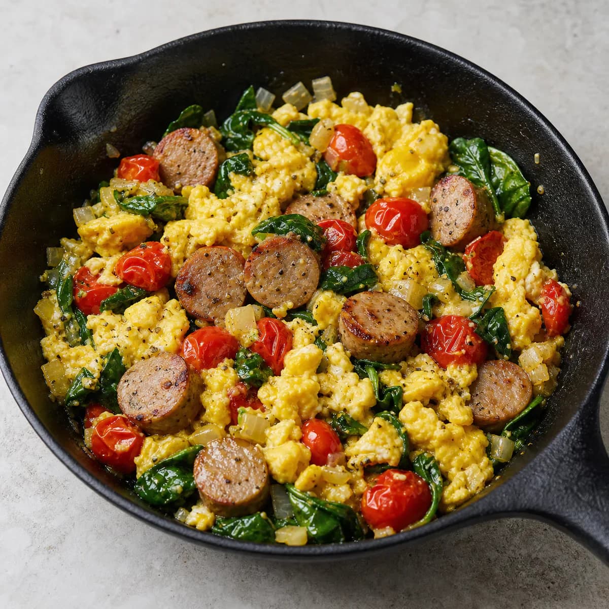 Chicken sausage breakfast skillet with tomatoes spinach and eggs