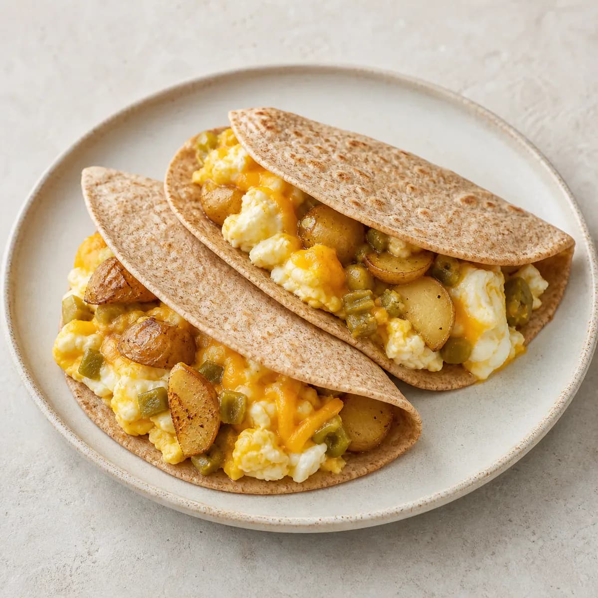 Two green chile egg and potato tacos with cheddar