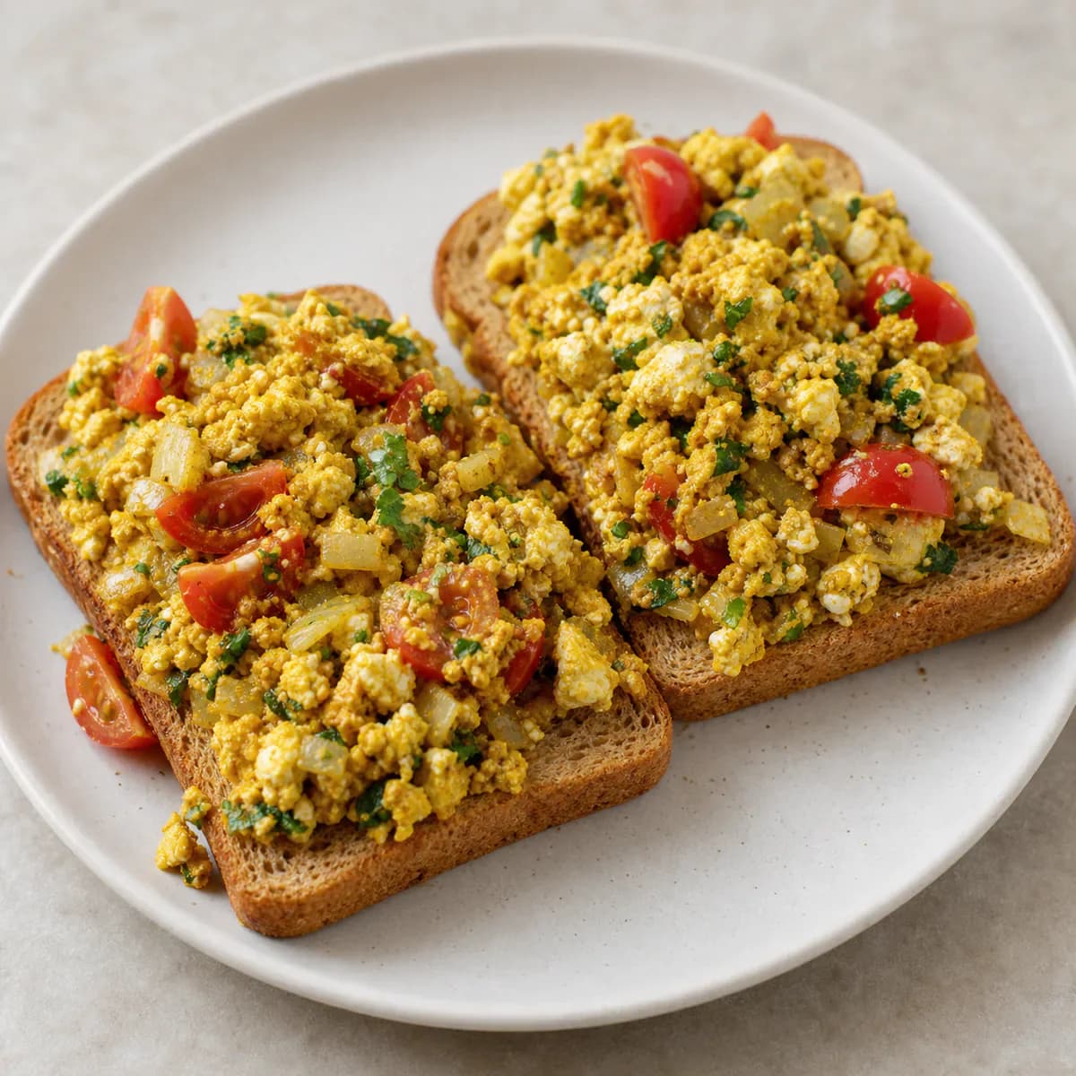 Anda bhurji toast with tomato and cilantro