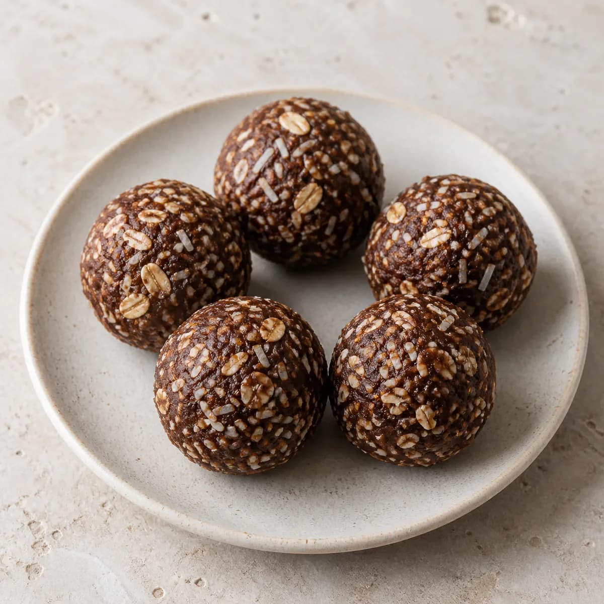 Five cacao cinnamon date bites with coconut and oats