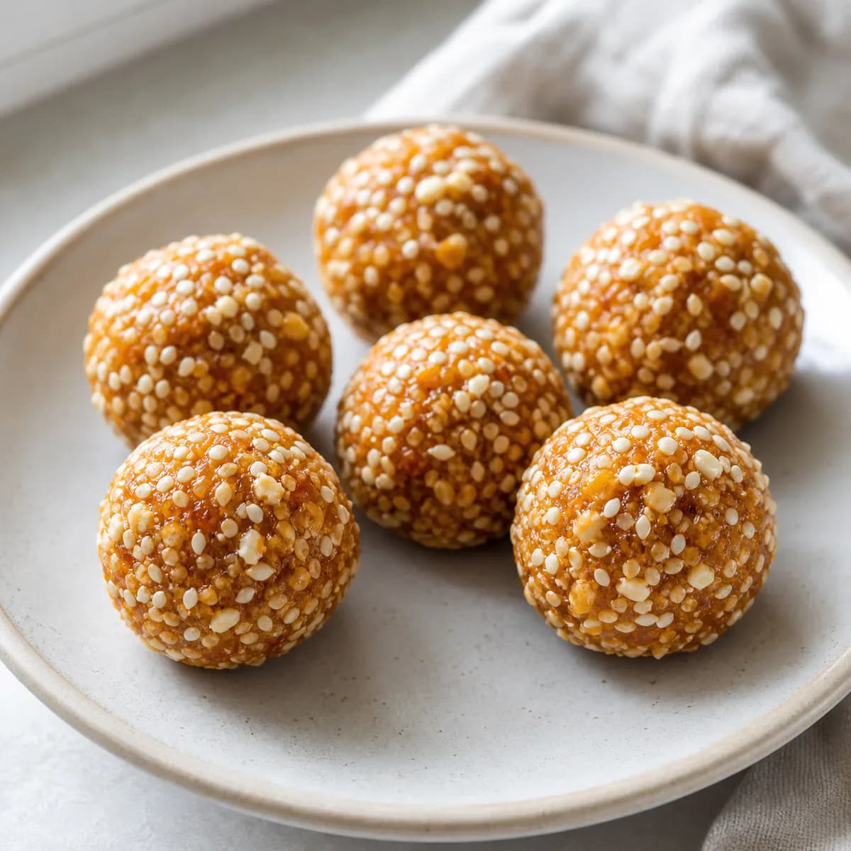 Apricot almond sesame bites coated in sesame