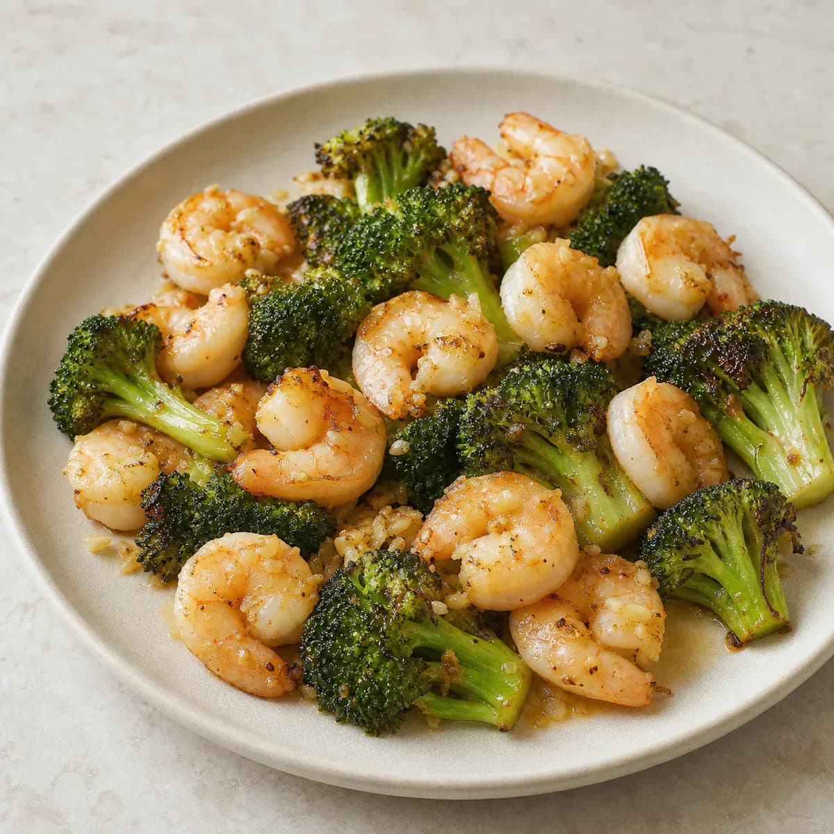 Air-fried garlic shrimp and browned broccoli served as one complete portion