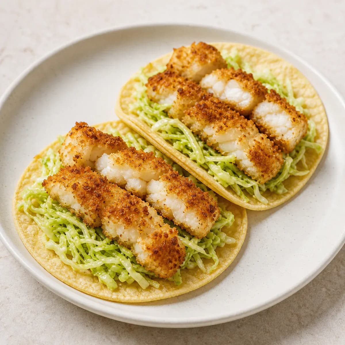 Panko-crisp cod tacos with lime cabbage served as one complete portion