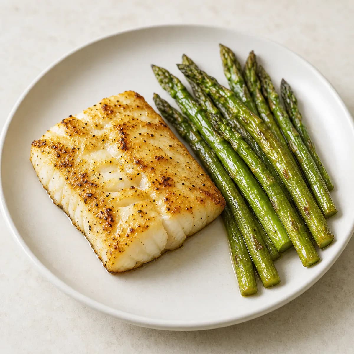 Flaky lemon cod with air-fried asparagus served as one complete portion