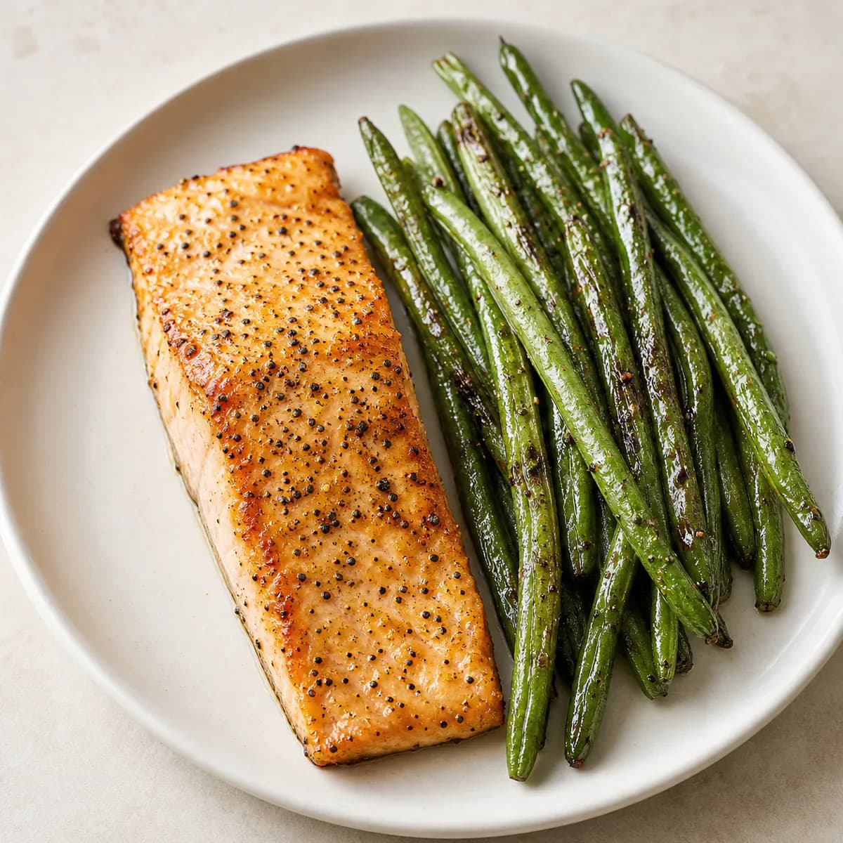 Lemon pepper salmon with blistered green beans served as one complete portion