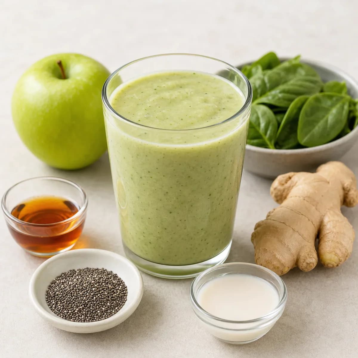 Apple ginger green snack smoothie in a clear glass