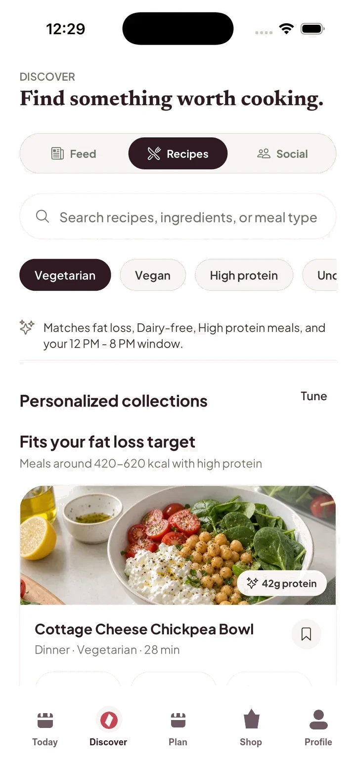 Raso recipe discovery screen