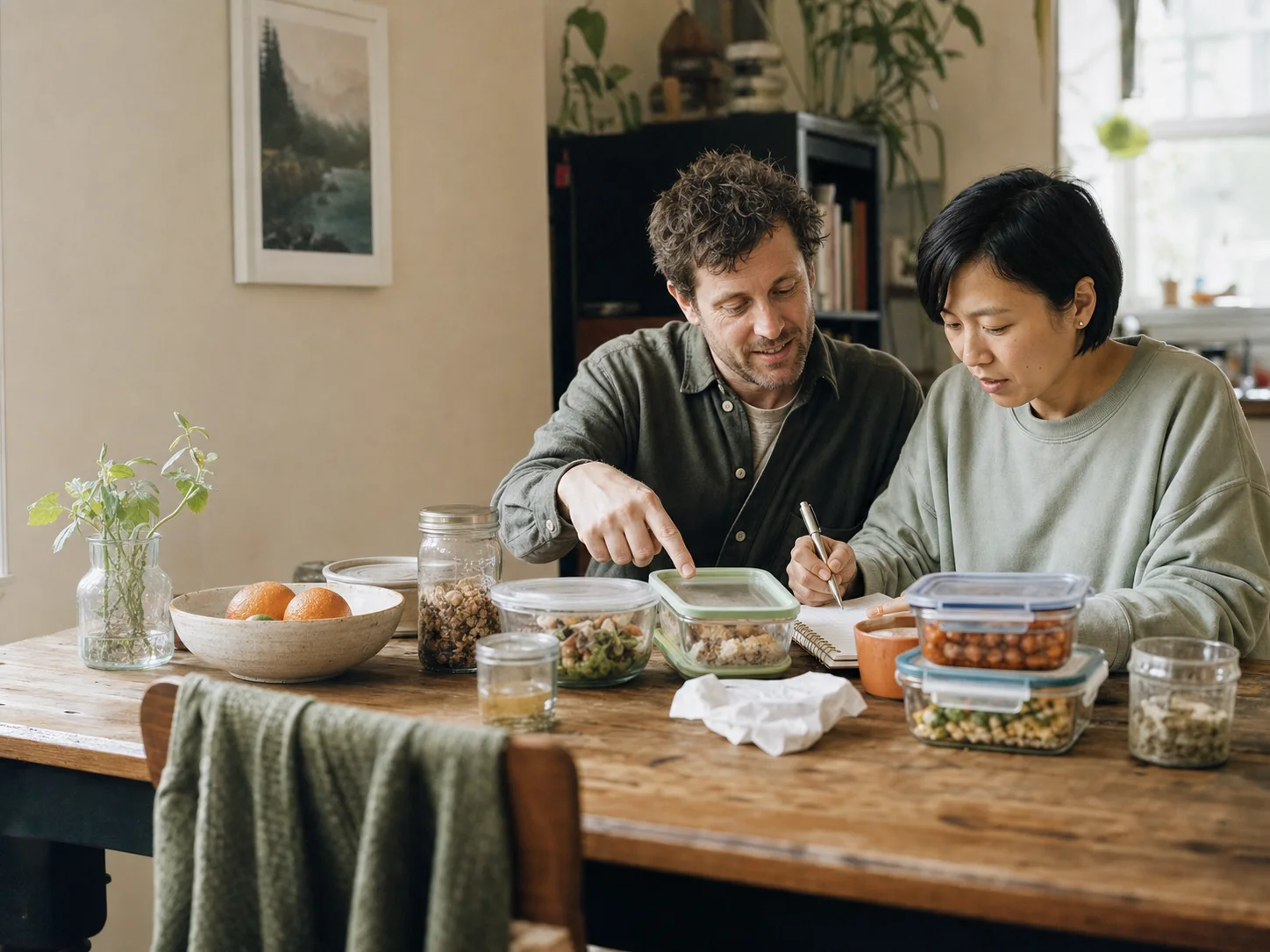 A person writing a weekly food plan beside vegetables and pantry ingredients